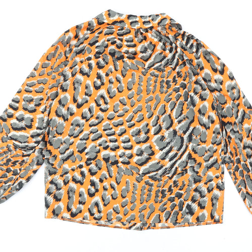 Topshop Womens Orange Animal Print Polyester Basic Button-Up Size 8 V-Neck - Leopard Print