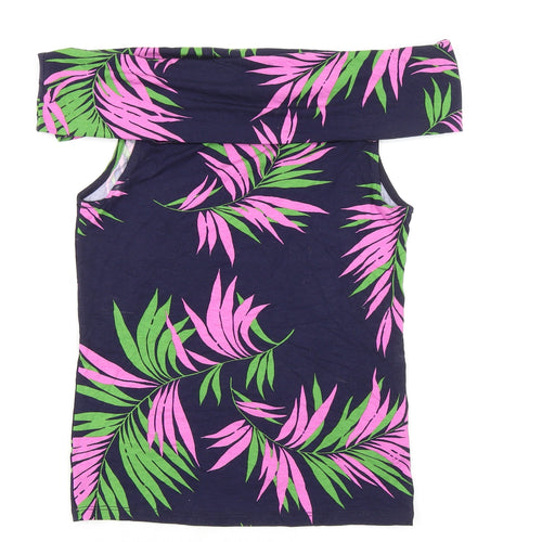 Warehouse Womens Blue Geometric Viscose Basic T-Shirt Size 10 Off the Shoulder - Leaf Print