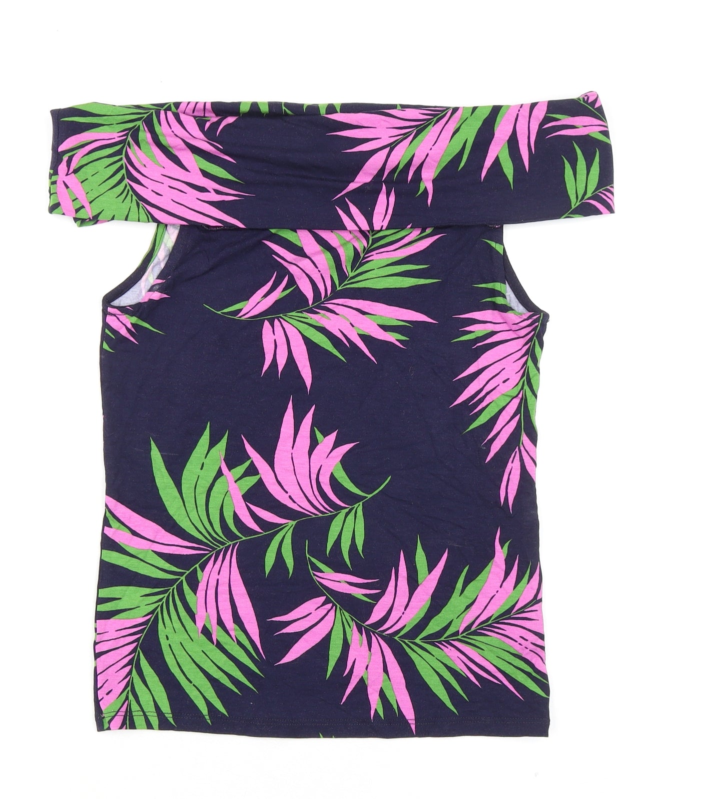 Warehouse Womens Blue Geometric Viscose Basic T-Shirt Size 10 Off the Shoulder - Leaf Print