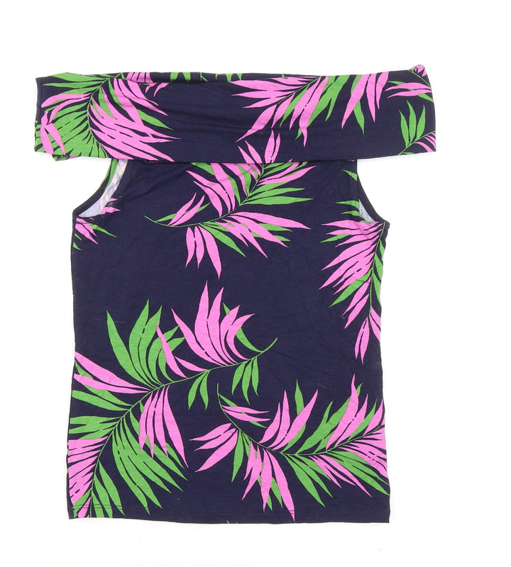Warehouse Womens Blue Geometric Viscose Basic T-Shirt Size 10 Off the Shoulder - Leaf Print