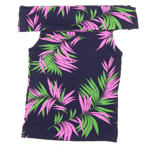 Warehouse Womens Blue Geometric Viscose Basic T-Shirt Size 10 Off the Shoulder - Leaf Print