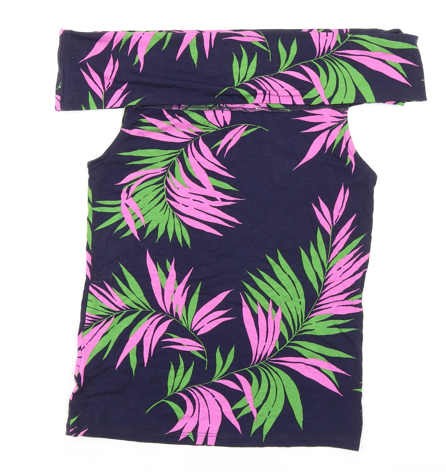 Warehouse Womens Blue Geometric Viscose Basic T-Shirt Size 10 Off the Shoulder - Leaf Print