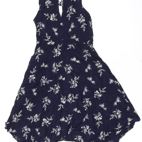 Marks and Spencer Womens Blue Floral Viscose Trapeze & Swing Size 8 Round Neck Button