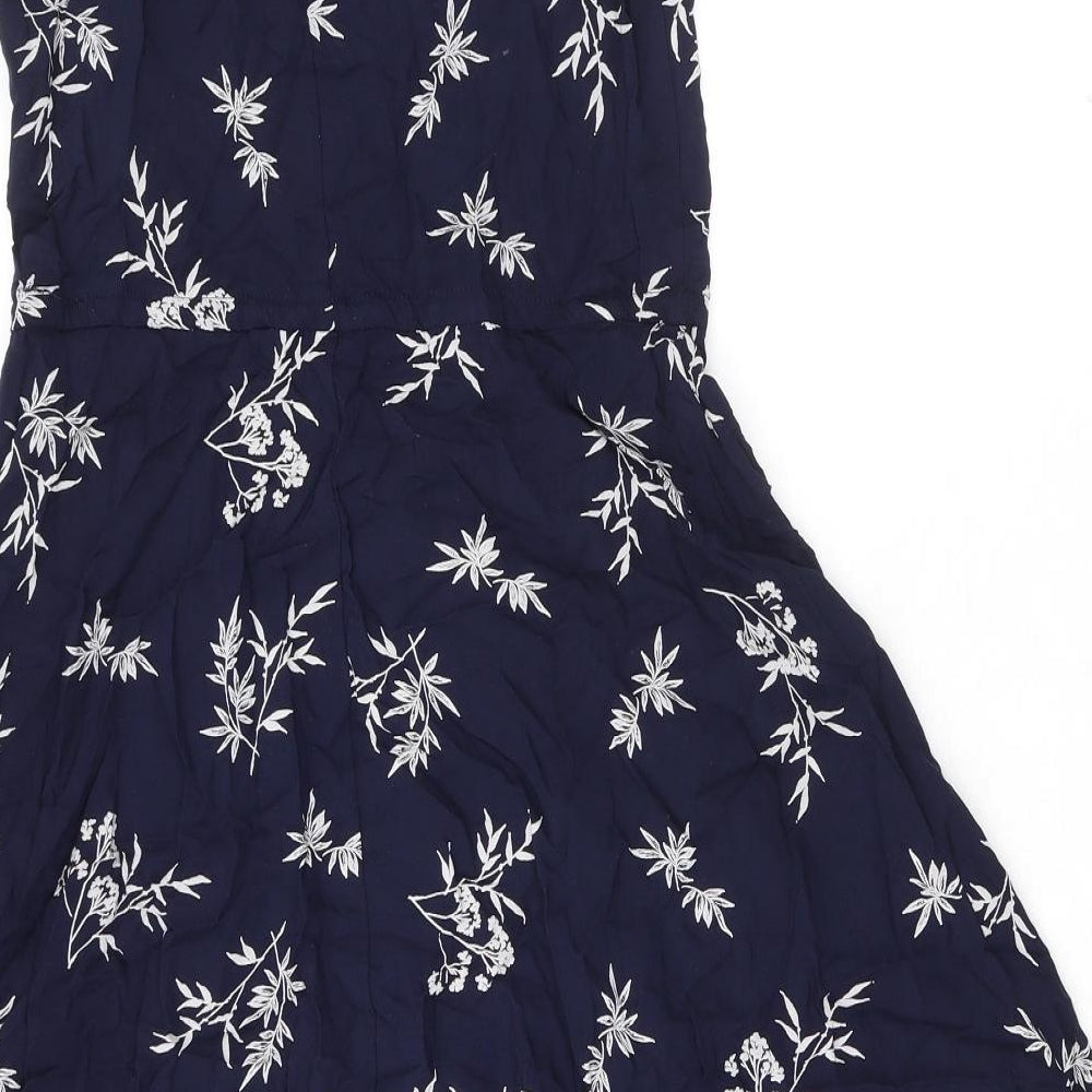 Marks and Spencer Womens Blue Floral Viscose Trapeze & Swing Size 8 Round Neck Button