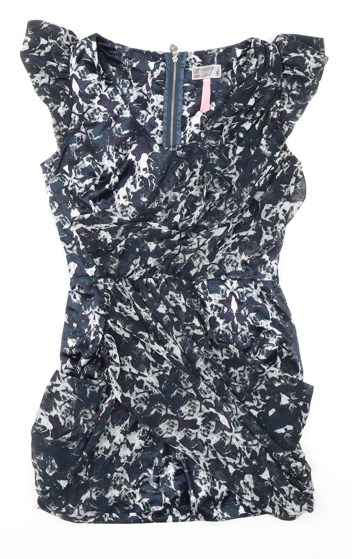 Lipsy Womens Multicoloured Geometric Polyester Mini Size 10 V-Neck Zip - Ruffle Sleeve