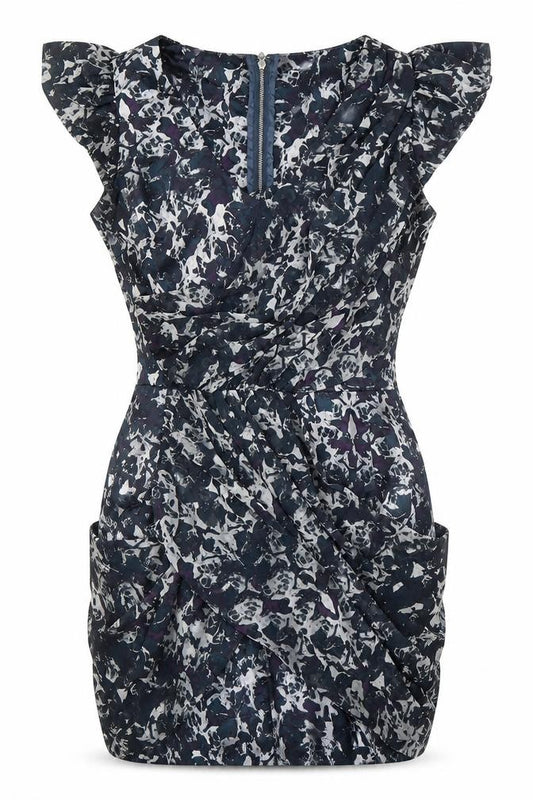 Front view of Lipsy women’s multicoloured geometric polyester mini, size UK 10, v-neck zip - ruffle sleeve