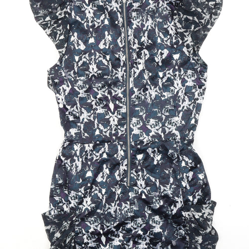 Lipsy Womens Multicoloured Geometric Polyester Mini Size 10 V-Neck Zip - Ruffle Sleeve
