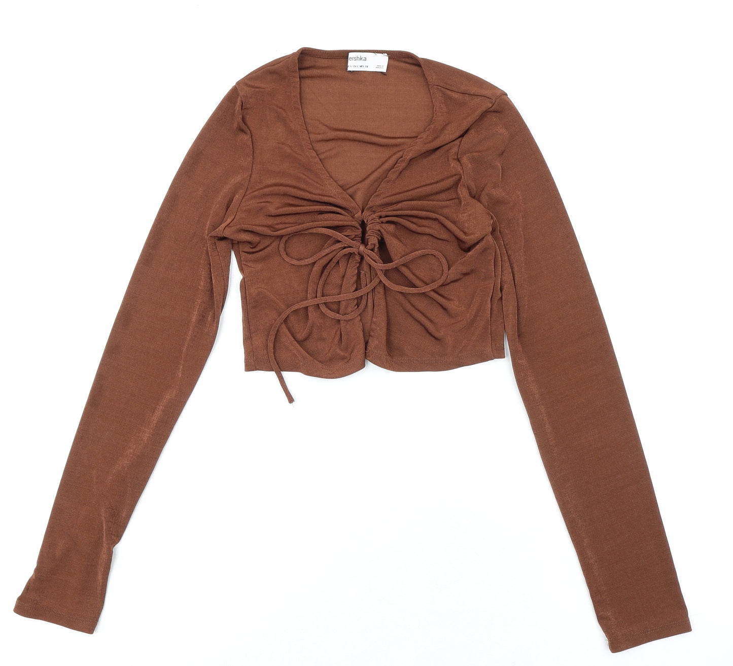Bershka Womens Brown Polyester Cropped Blouse Size L V-Neck