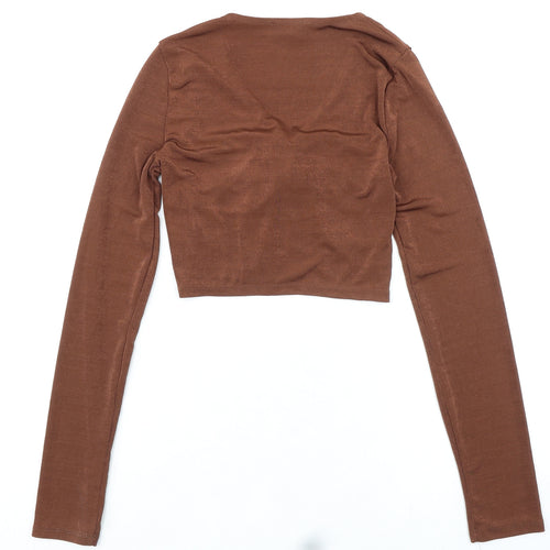 Bershka Womens Brown Polyester Cropped Blouse Size L V-Neck