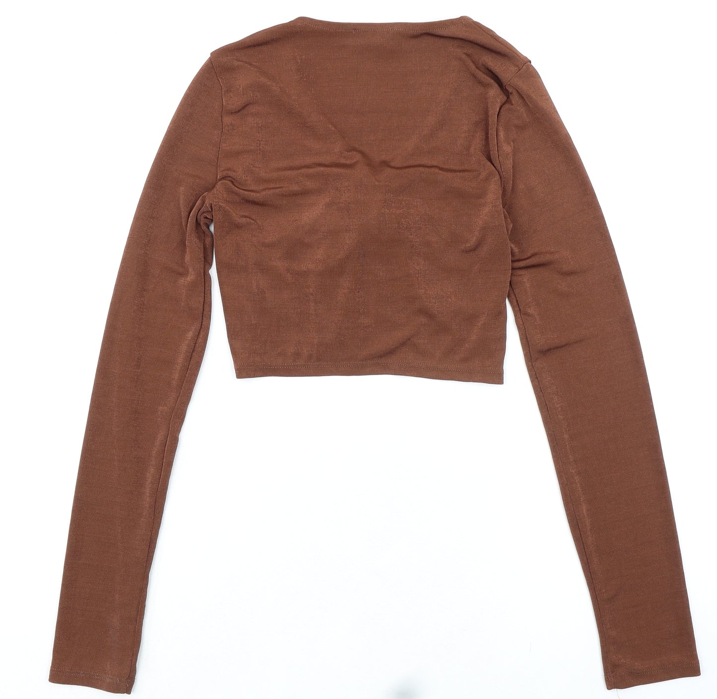 Bershka Womens Brown Polyester Cropped Blouse Size L V-Neck
