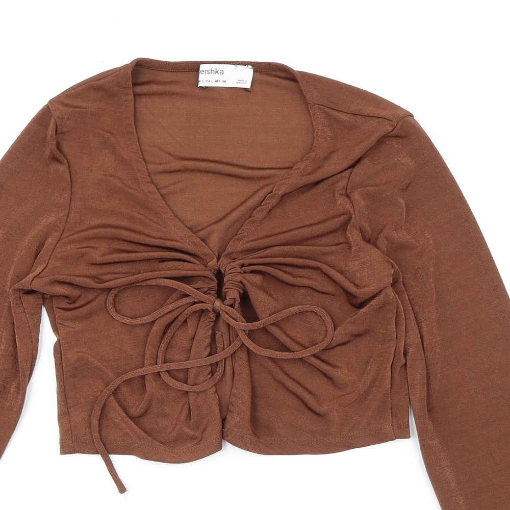 Bershka Womens Brown Polyester Cropped Blouse Size L V-Neck