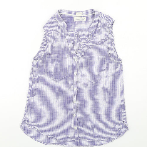 H&M Womens Blue Striped Cotton Basic Button-Up Size 8 V-Neck