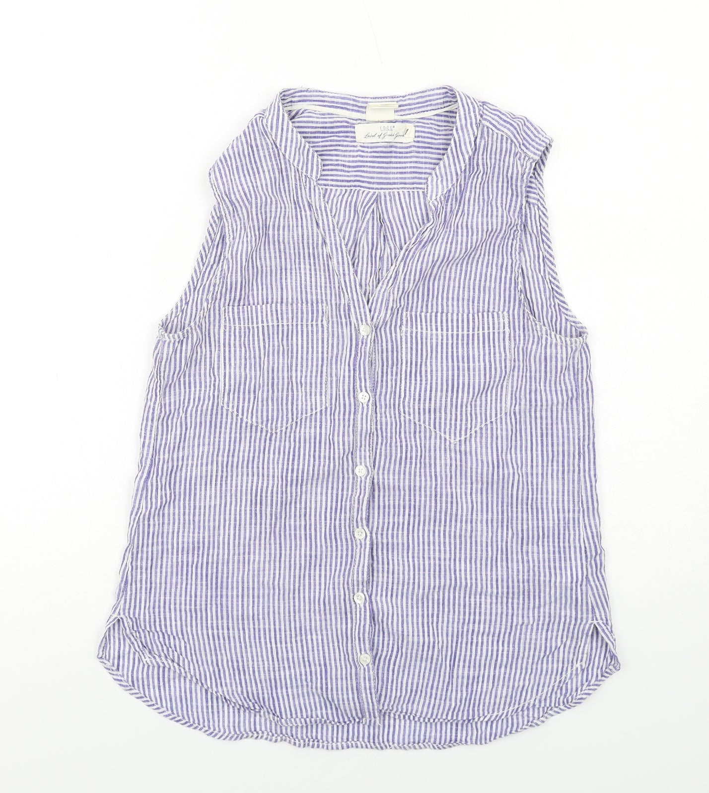 H&M Womens Blue Striped Cotton Basic Button-Up Size 8 V-Neck