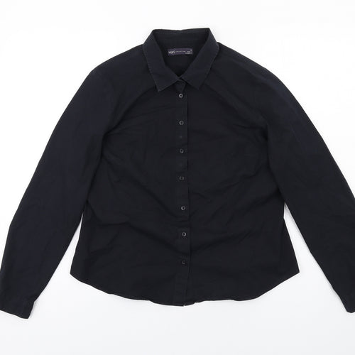 Marks and Spencer Womens Black Cotton Basic Button-Up Size 14 Collared