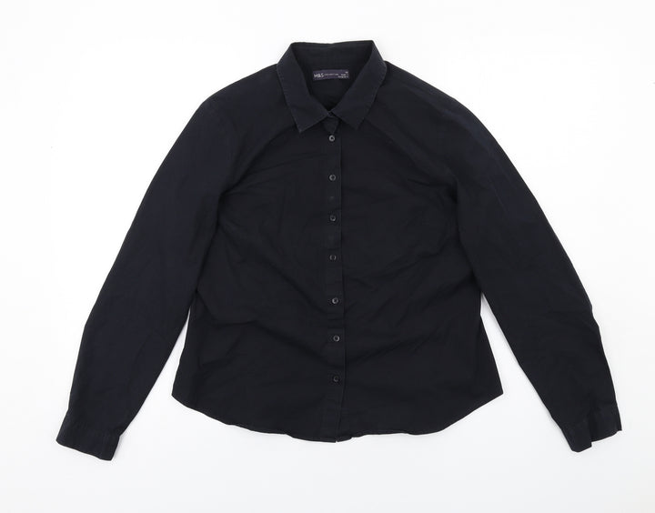 Marks and Spencer Womens Black Cotton Basic Button-Up Size 14 Collared