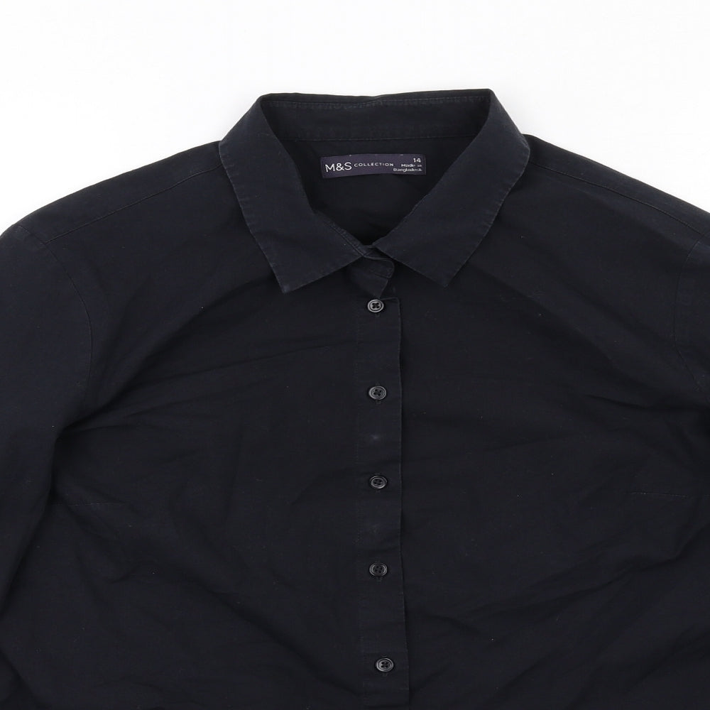 Marks and Spencer Womens Black Cotton Basic Button-Up Size 14 Collared