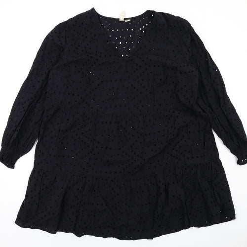 H&M Womens Black Cotton Trapeze & Swing Size XL V-Neck Pullover - Broderie Anglaise
