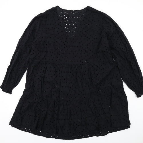 H&M Womens Black Cotton Trapeze & Swing Size XL V-Neck Pullover - Broderie Anglaise