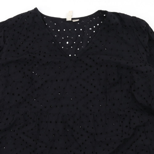 H&M Womens Black Cotton Trapeze & Swing Size XL V-Neck Pullover - Broderie Anglaise