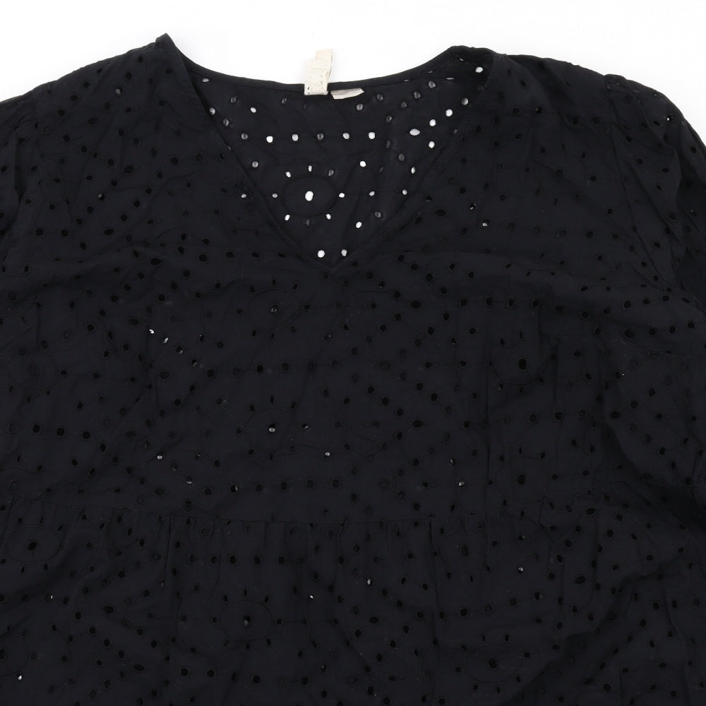 H&M Womens Black Cotton Trapeze & Swing Size XL V-Neck Pullover - Broderie Anglaise
