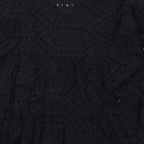 H&M Womens Black Cotton Trapeze & Swing Size XL V-Neck Pullover - Broderie Anglaise