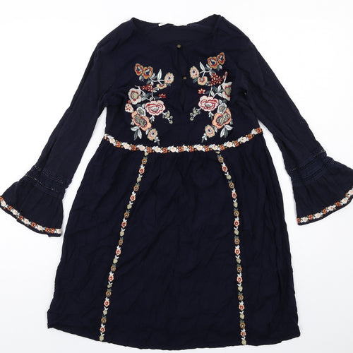 Sfera Womens Blue Floral Viscose Mini Size S Boat Neck Pullover - Flared Sleeve