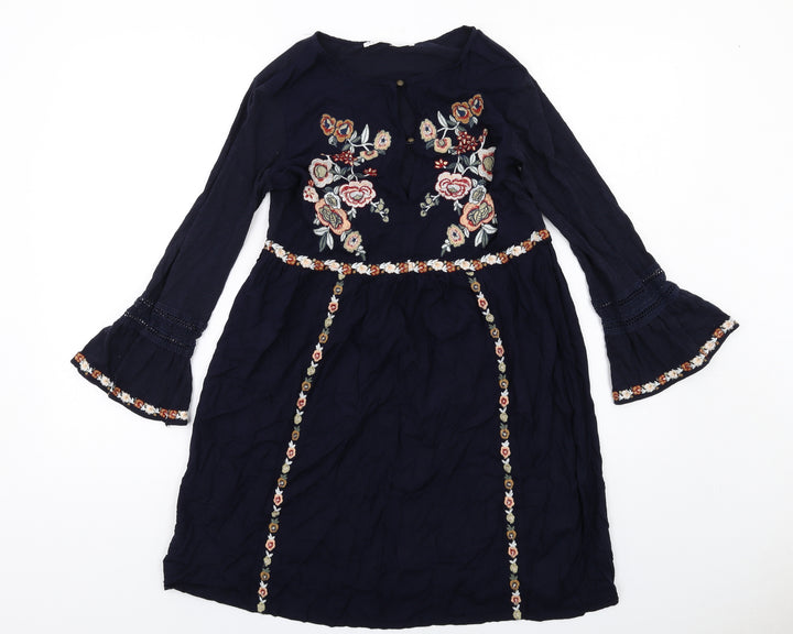 Sfera Womens Blue Floral Viscose Mini Size S Boat Neck Pullover - Flared Sleeve