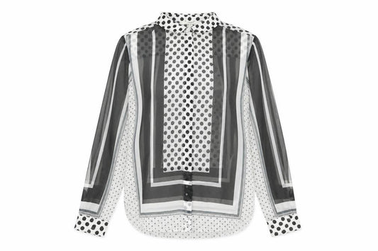 Front view of Next women’s grey geometric polyester basic button-up, size UK 14, round neck