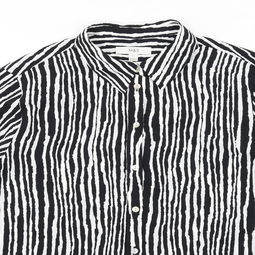 Marks and Spencer Womens Black Striped Polyester Basic Button-Up Size 16 Round Neck