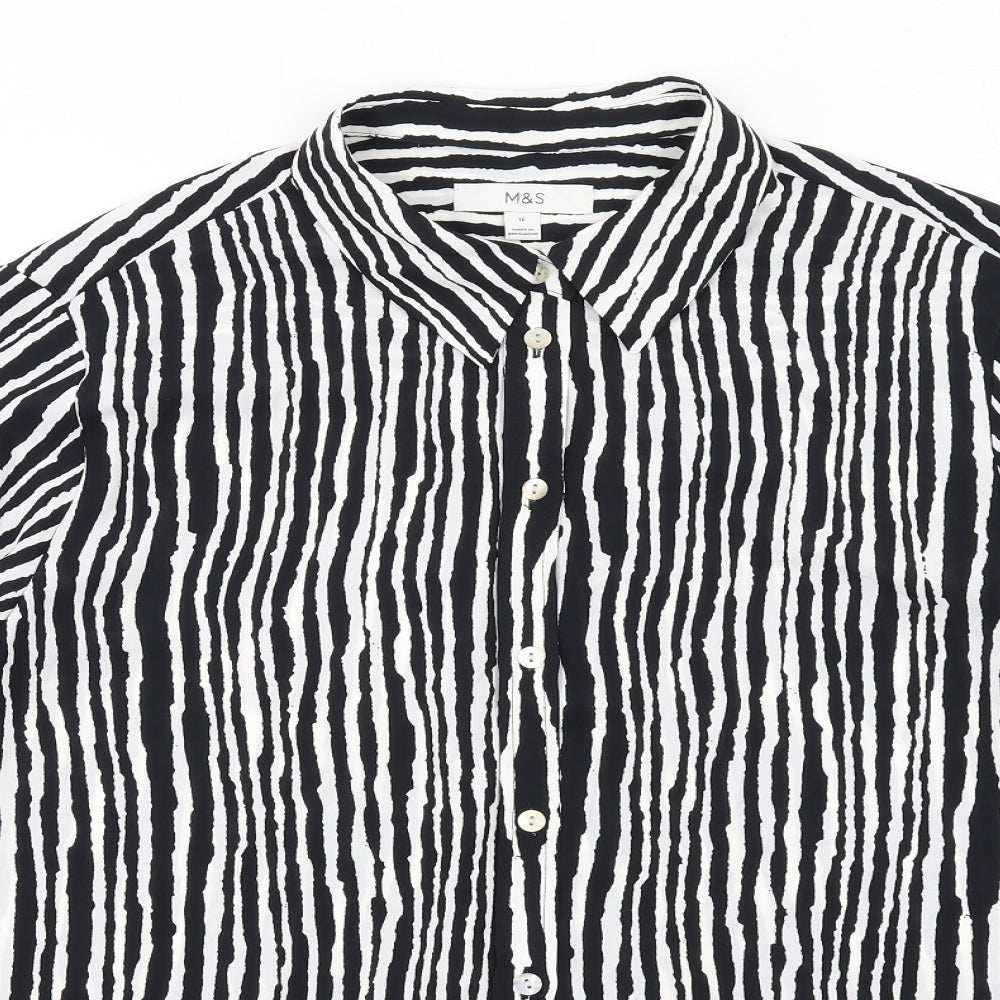 Marks and Spencer Womens Black Striped Polyester Basic Button-Up Size 16 Round Neck