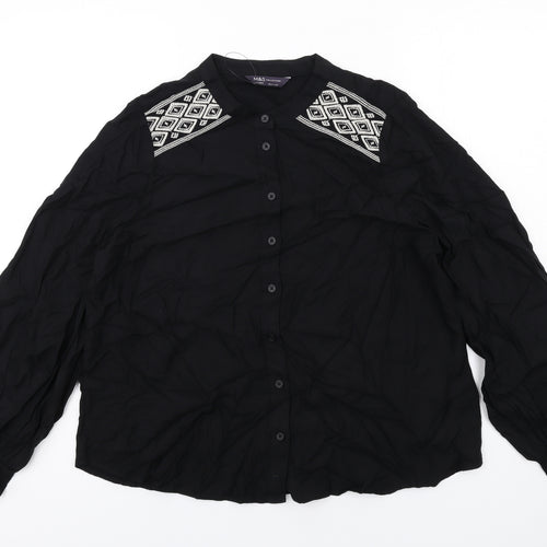Marks and Spencer Womens Black Viscose Basic Button-Up Size 14 Round Neck