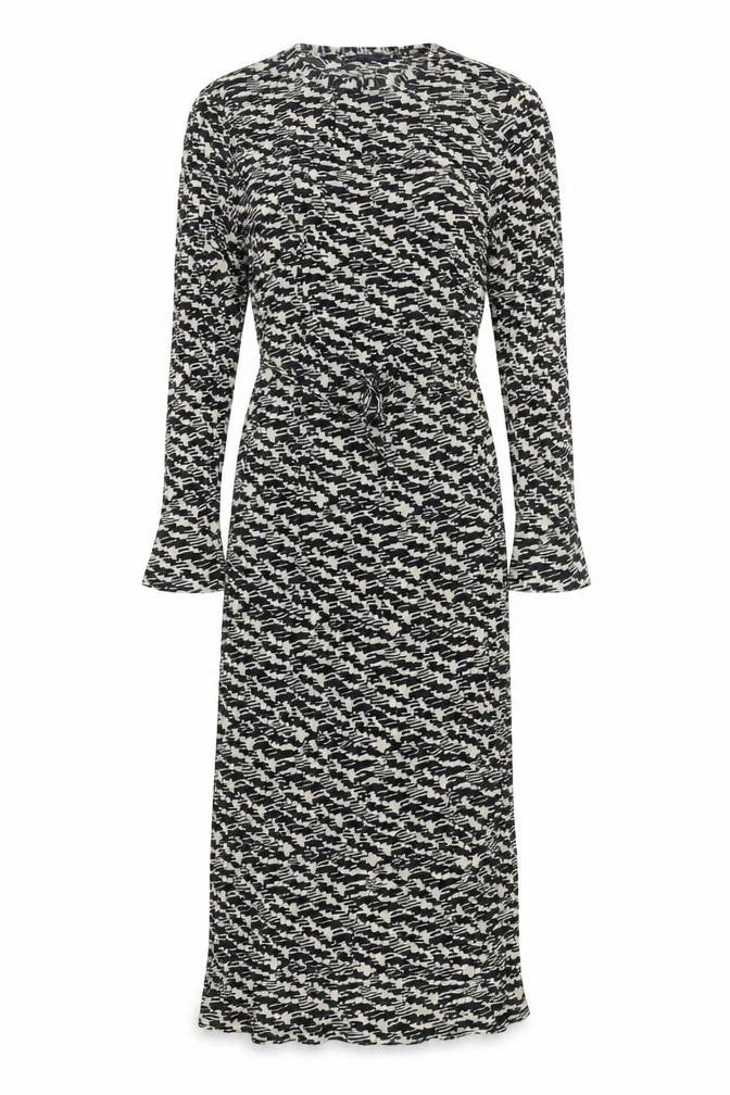 Front view of Marks & Spencer women’s black geometric polyester maxi, size UK 6, round neck pullover