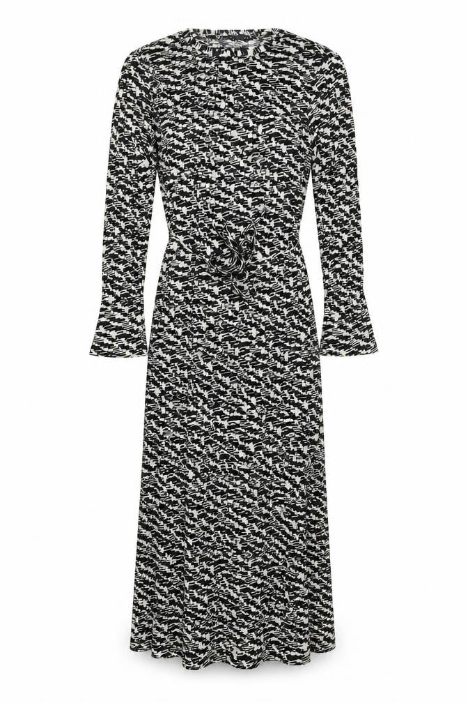 Front view of Marks & Spencer women’s black geometric polyester maxi, size UK 14, round neck pullover