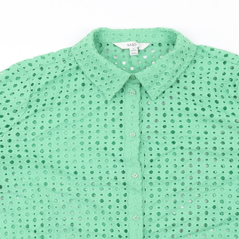 Marks and Spencer Womens Green Cotton Basic Button-Up Size 18 Collared