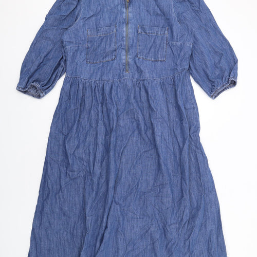 Marks and Spencer Womens Blue Cotton Trapeze & Swing Size 14 Round Neck Zip