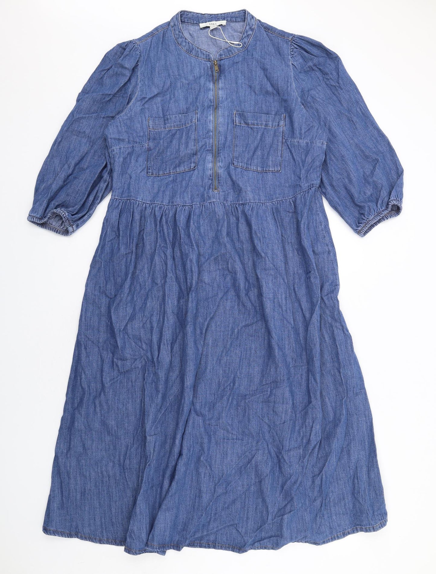 Marks and Spencer Womens Blue Cotton Trapeze & Swing Size 14 Round Neck Zip