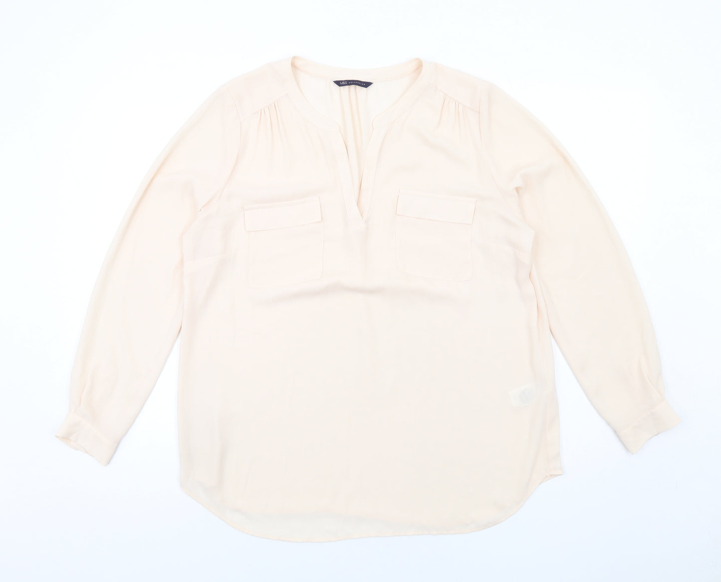 Marks and Spencer Womens Beige Polyester Basic Blouse Size 16 V-Neck