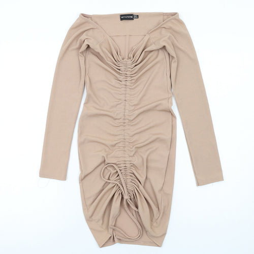 PRETTYLITTLETHING Womens Beige Polyester Bodycon Size 8 V-Neck Pullover