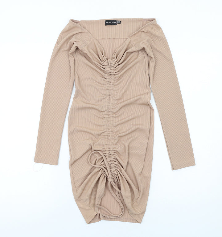 PRETTYLITTLETHING Womens Beige Polyester Bodycon Size 8 V-Neck Pullover