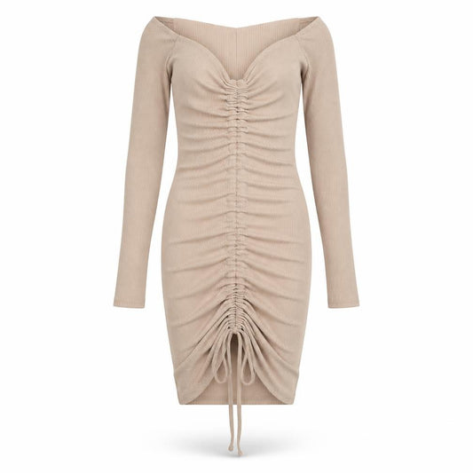 Front view of PRETTYLITTLETHING women’s beige polyester bodycon, size UK 8, v-neck pullover