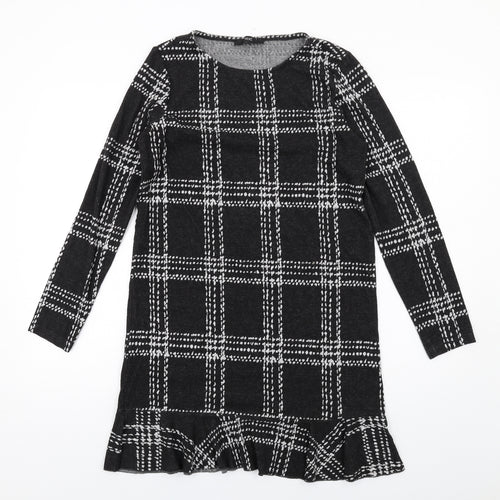 NEXT Womens Black Plaid Polyester A-Line Size 10 Round Neck Pullover