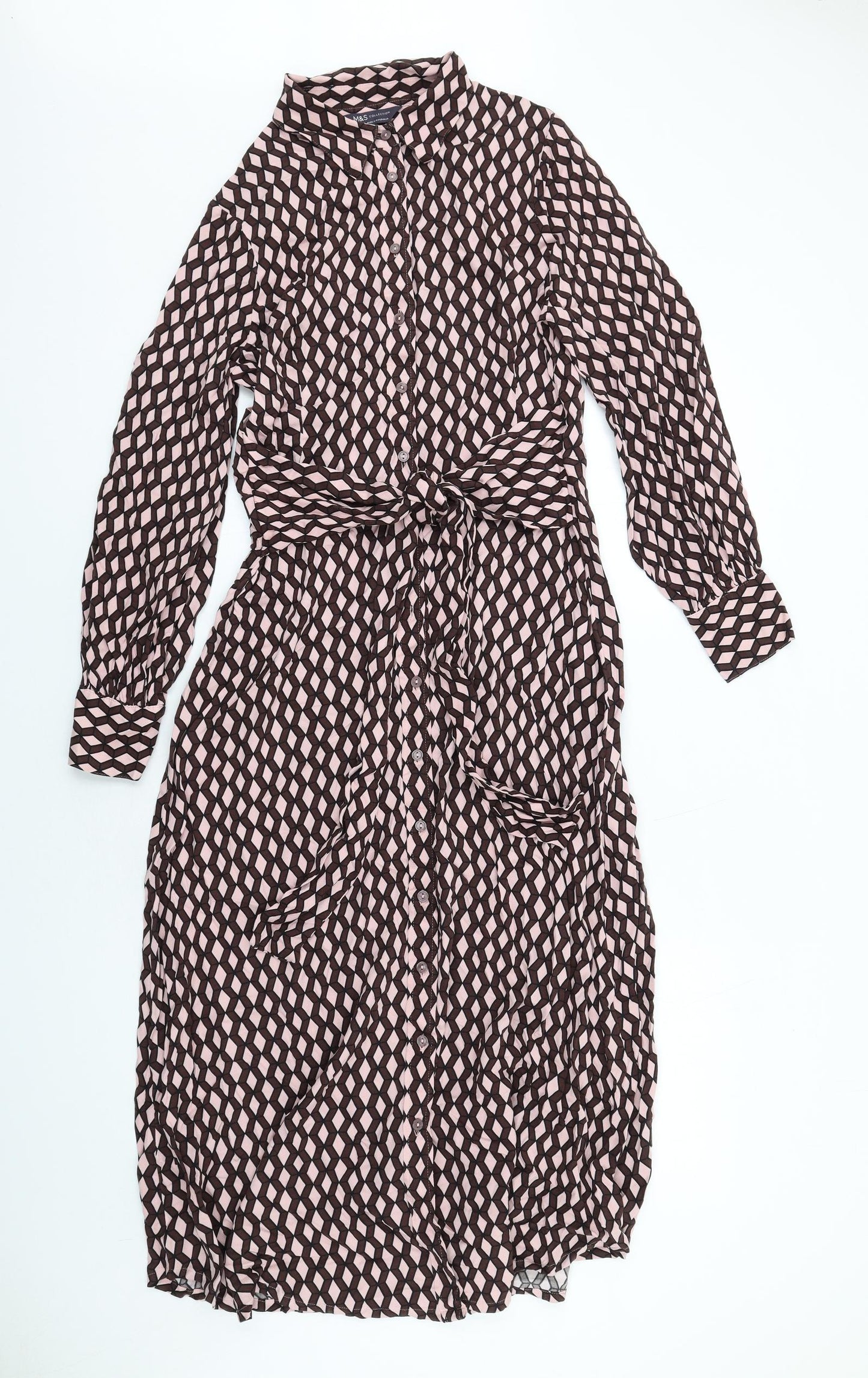 Marks and Spencer Womens Pink Geometric Viscose Shirt Dress Size 12 Collared Button