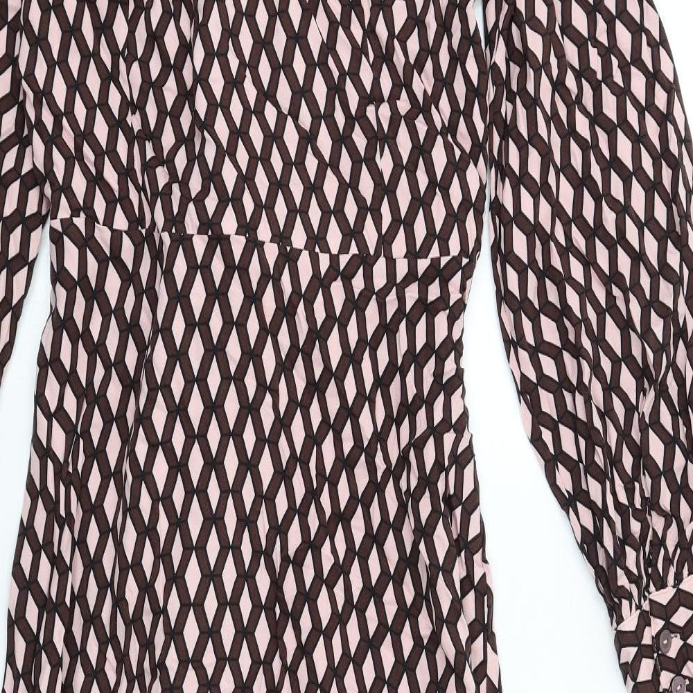 Marks and Spencer Womens Pink Geometric Viscose Shirt Dress Size 12 Collared Button