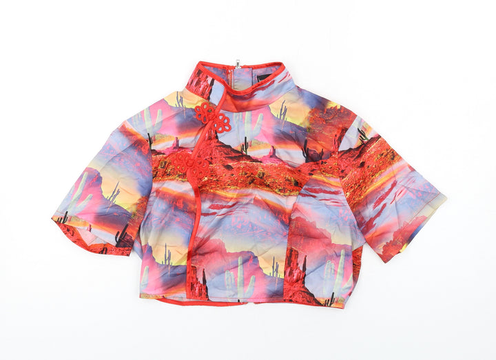 PRETTYLITTLETHING Womens Multicoloured Geometric Polyester Basic Blouse Size 10 Mock Neck