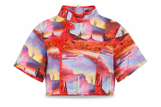 Front view of PRETTYLITTLETHING women’s multicoloured geometric polyester basic blouse, size UK 10, mock neck