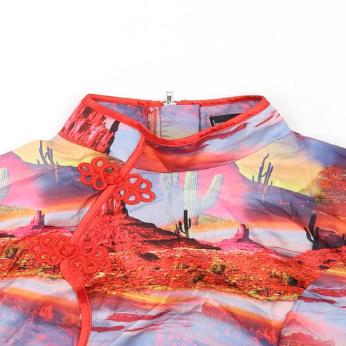 PRETTYLITTLETHING Womens Multicoloured Geometric Polyester Basic Blouse Size 10 Mock Neck