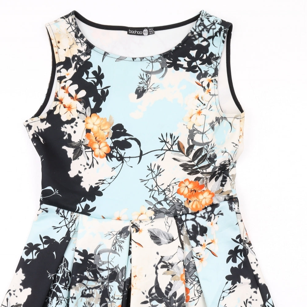 Boohoo Womens Multicoloured Floral Polyester Fit & Flare Size 14 Boat Neck Pullover
