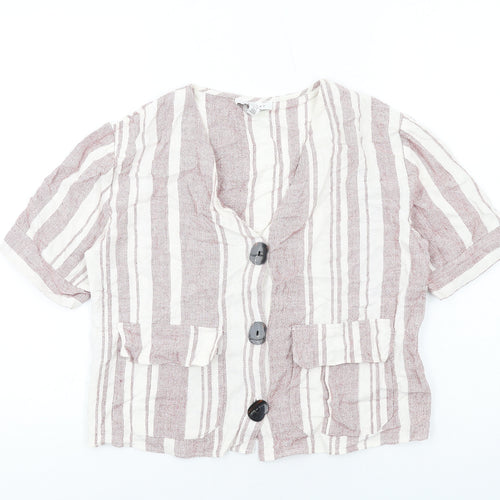 Topshop Womens Red Striped Viscose Basic Button-Up Size 10 V-Neck