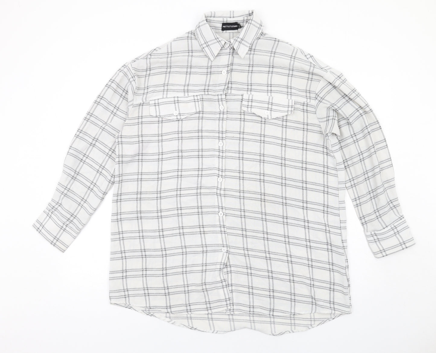PRETTYLITTLETHING Womens White Check Polyester Basic Button-Up Size 10 Collared