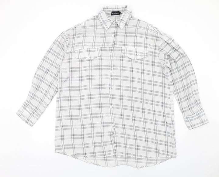 PRETTYLITTLETHING Womens White Check Polyester Basic Button-Up Size 10 Collared